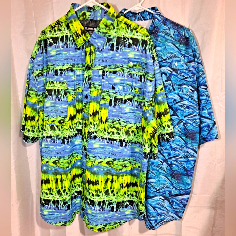 "LOT of 2" Reel Legends Saltwater Vented Fishing Shirts Big Man's XXL Blue/Green